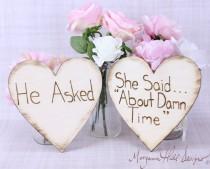 wedding photo - Engagement Photos Photo Prop Signs Rustic Hearts He Asked She Said About Time (Item Number MHD20202)