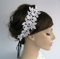 wedding photo - Lace Applique Bridal Ribbon Headband / Weddings Ribbon Sash Belt. Handmade