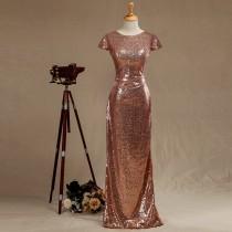 wedding photo - 2016 Rose Gold Sequin Bridesmaid dress, Cap Sleeves Luxury Sequin Evening dress, Scoop neck Metallic Sparkle Wedding dress, Cowl Back Full
