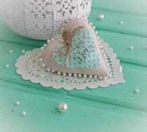 wedding photo - Linen heart ornament - romantic mint hearts - ready to ship.