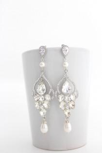 wedding photo - Long Bridal Chandelier Earrings Chandelier Wedding Earrings Crystal and Pearl Earrings Vintage Style Jewelry Crystal Statement Post Earrings