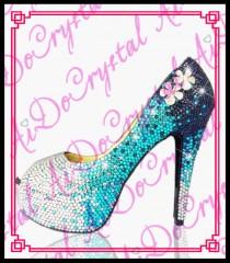 wedding photo - blue gradient Crystal High Heel peep toe Shoes for Women