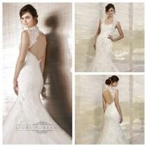 wedding photo -  Fit and Flare Queen Anne Neckline Embroidered Wedding Dresses with Keyhole Back