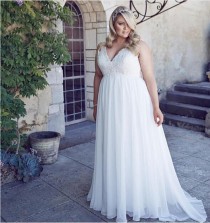wedding photo -  Stunning A-Line Chiffon Simple Wedding Dresses Summer Style 2016 Plus Size Lace-Up Deep V-Neck Ball Gowns Lace Appliques Women Bridal Online with $95.88/Piece on Hj