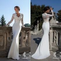 wedding photo -  New Glamorous Mermaid Wedding Dresses with Long Sleeves Lace Applique Sheer Illusion Sweep Train Satin Lace Formal Bridal Gowns Gowns Online with $106.71/Piece on H