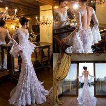 wedding photo -  Sexy Lace 2016 Beach Backless Wedding Dresses Deep V-Neck Arabic Long Sleeves Illusion Sheer Summer Bridal Ball Gowns Garden Open Back Online with $122.94/Piece on 