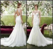 wedding photo - Glamorous Mermaid Garden Wedding Dresses 2016 Fara Sposa Appliques Lace Tulle Sweep Train Scoop Sheer Neck Opened Back Bridal Gowns Online with $109.8/Piece on Hjklp88's Store 