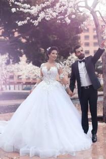 wedding photo -  Elegant Said Mhamad Long Sleeves Ball Gown Wedding Dresses 2016 Jewel Appliques Plus Size Arabic Dubai Sheer Bridal Gowns Vestidos De Noiva Online with $113.66/Piec