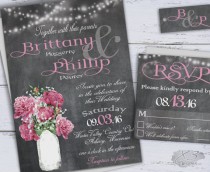 wedding photo -  Printable Country Wedding Invitations, DIY Rustic Wedding Invitation, Chalkboard Wedding Invites, Pink Peonies & Baby's Breath in Mason Jar