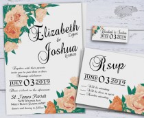 wedding photo -  Country Wedding Invitations, Printable Peach Summer Wedding Invitation, Spring Floral Wedding Invites, Calligraphy, Rustic, Boho, Peonies,