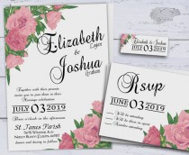 wedding photo -  Wedding Invitations, Printable Pink Spring Wedding Invitations, DIY Summer Country Wedding Invites, Calligraphy, Boho, Peonies, Floral