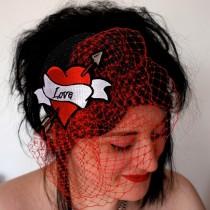 wedding photo - SUMMER SALE - Bridal Fascinator, Retro Tattoo Styled with Veiling, Personalized -- Black FRiday Cyber Monday