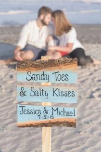 wedding photo - Sandy toes and salty kisses beach wedding aqua turquoise blue wedding sign with stake 