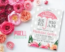 wedding photo - Baby Sprinkle Invitation, Baby Shower Invitation, Pink and Grey Floral Invite - CUSTOMIZABLE & PRINTABLE - Floral Girl Baby, Umbrella