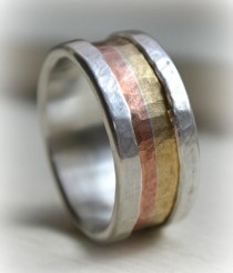 wedding photo - mens wide band ring - Marriage of Metal fine silver with copper and brass - handmade artisan designed wedding band - silver lining
