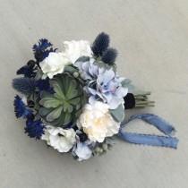 wedding photo - Succulent Blue Silk Wedding Bouquet with Peony, Hydrangea, Cornflower, Anemone, Thistle, Echeveria, Blue Berries