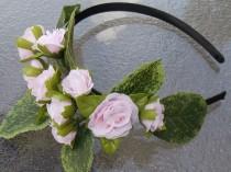 wedding photo - Pale Pink Rose Spray Flower Headband, Rose Floral Crown with Green Leaves for Fairies, Flowergirls, or Festivals G16