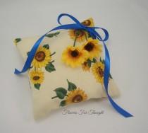wedding photo - Sunflower Ringbearer Pillow, FFT Original Design, Woodland Rustic Wedding, Ring Cushion, yellow, blue, Made to order