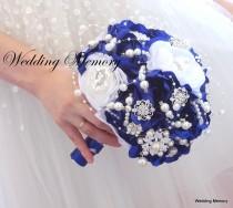 wedding photo - BROOCH BOUQUET in royal blue and white colours jewled with pearls and silver gems, for bride or bridesmaids