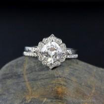 wedding photo - Forever Brilliant Cushion Halo Diamond Engagement Ring Wedding Set- Vintage Flower Halo - Scallop Halo