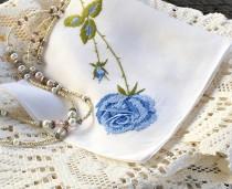 wedding photo - Vintage Hankie Blue Embroidered Hankies White Bridal Something Blue Thinking of You Mother of the Bride Gift Get Well Cotton Linen #1