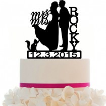 wedding photo - Custom Wedding Cake Topper , Couple Silhouette and any Dog of your choise or Cat with free base for display.after the event