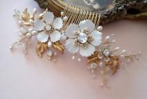 wedding photo - Gold pearl comb, Swarovski crystals and pearls comb, wedding pearl comb, gold comb, veil comb