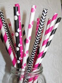 wedding photo - 50 Pink Mouse Paper Straws - Pink and Black Stripes Dots Chevron DiY Flags- Kids Birthday Baby Shower-Ships Fast from USA