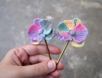 wedding photo - Bridal orchid hairpins, pastel rainbow colored orchid flowers, crocheted orchid flowers