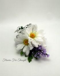 wedding photo - White Daisies and Lavender Wrist Corsage, Wedding, Prom, Homecoming, Anniversary Gift, Silk Flowers for the Wrist, Made to Order