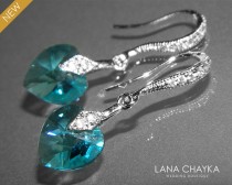 wedding photo -  Light Turquoise Heart Crystal Earrings Swarovski Heart Crystal Silver CZ Small Earrings Wedding Heart Earring Light Teal Earrings Bridesmaid