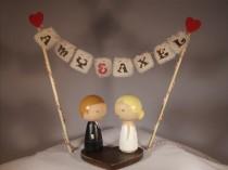 wedding photo - Custom Kokeshi Wedding Cake Topper with Base, Bunting and Heart, Name Bunting, Love Bunting, Mr and Mrs Bunting