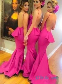 wedding photo -  Sexy backless hot pink mermaid long prom dress bridesmaid gowns