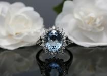 wedding photo - Aquamarine Halo Engagement Ring with Diamonds, Oval Aquamarine Cluster Cocktail Ring in 14k White Gold, PGS Certified 3.47ct Aquamarine