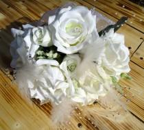 wedding photo - Silk Floral Bridal Bouquet  - "Wedded Bliss", Real-Touch Roses, White, Wedding, Feathers, Pearls, Crystals, Rhinestones, Silk Bridal Flowers