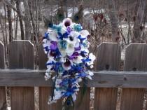wedding photo - Cascading bridal bouquet, picasso and white real touch calla lilies, purple blue orchids, galaxy orchids