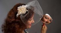 wedding photo - Bridal Ivory Birdcage Veil Hairband with Silk Flowers