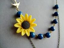 wedding photo - Bridesmaid Jewelry Set,Sunflower Necklace,Bridal Necklace,Teal Stone Jewelry,Yellow Necklace,Beadwork,Bib Necklace (Free matching earrings)