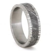 wedding photo - Damascus Ring with Meteorite Inlay over Stainless Steel Sleeve, Personalized Custom Band