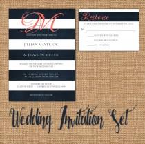 wedding photo - Wedding Invitation Suite, Wedding Invitation, Navy and Coral, Monogram, Modern, Navy Blue, White, Stripes