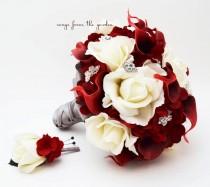 wedding photo - White Roses Deep Red Calla Lilies & Rhinestones Bridal Bouquet Groom's Boutonniere Red and White Wedding Bouquet - Customize For Your Colors