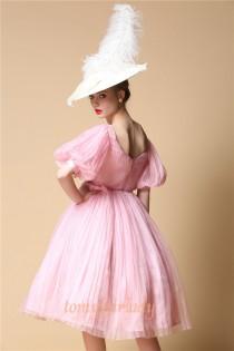 wedding photo - Pastel Pink Pure Silk Mid Century Short Wedding Gown Puff Bishop Sleeve Pleated Rose Garden Wedding Dress Light Pink V Back Party Prom Dress