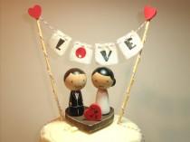 wedding photo - Personalized Kokeshi Wedding Cake Topper with Base, Bunting and Heart, Love Bunting, Mr and Mrs Bunting Rustic Cake Topper