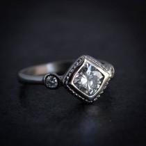 wedding photo - Moissanite Engagement Ring, 14k White Gold Diamond Shaped Wedding Ring, Palladium White Gold Multistone Ring, Milgrain Jewelry,Onegarnetgirl