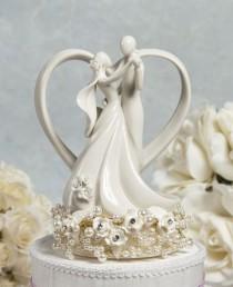 wedding photo - Vintage Inspired Rose Pearl and Heart Wedding Cake Topper - 101115