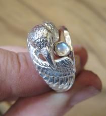 wedding photo - White Raven Ring with Moonstone Companion - Sculpted Sterling Silver Double Ring