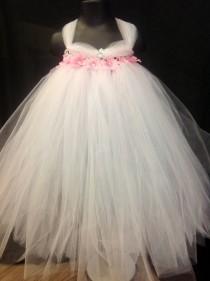 wedding photo - White and Pink Tutu Dress, Flower Girl Tutu Dress, White Flower Girl Dress, Tulle Dress, White and Pink Tulle Dress, Flower Girl Dresses