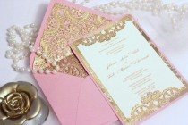 wedding photo - Price Reduced- Wedding Invitations Vintage Gold And Pink