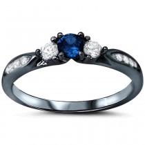wedding photo - Black Gold Three Stone Wedding Engagement Ring 1.3CT Round Deep Blue Sapphire CZ White CZ Accent 925 Sterling Silver Accent Dazzling Promise