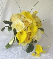 wedding photo - Yellow rose wedding calla lily wedding bouquet real touch calla lilies shades of yellow wedding flowers bridal bouquet set
